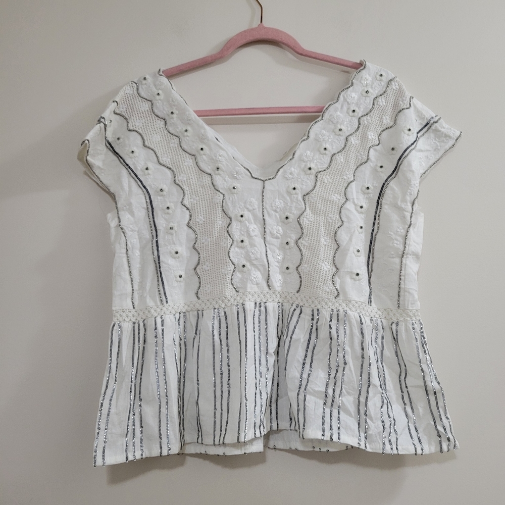 Anthropologie white embroidery beaded sleeveless blouse S